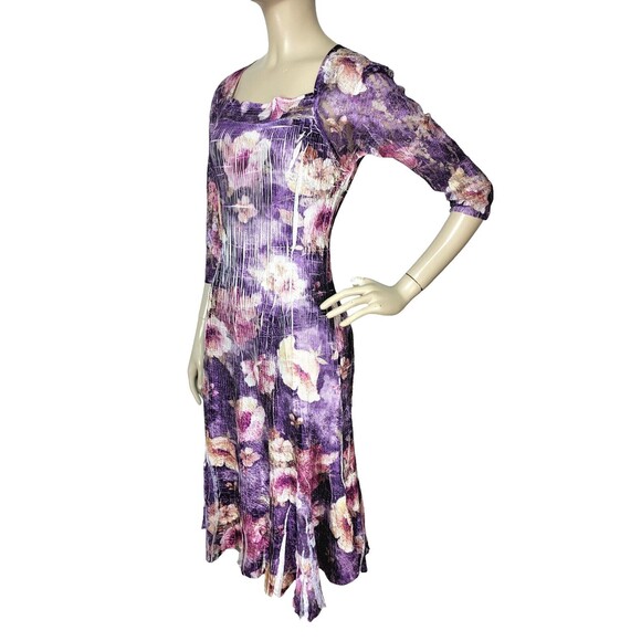 Komarov Romantic Purple Floral Crinkle Chiffon Lace Paneled Flowy Midi Dress PS - Picture 3 of 10